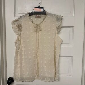 Swiss Dot Tie-Neck Ruffle Sleeve Blouse in Cream